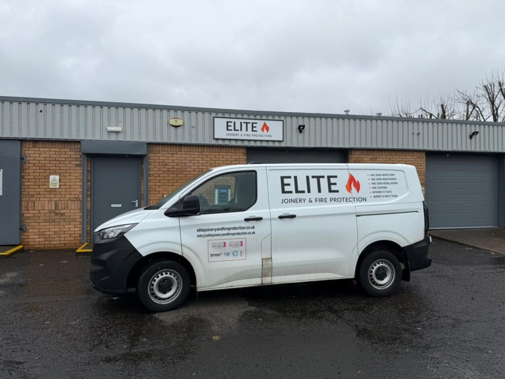 elite joinery and fire protection van outside of workshop in Coatsbridge, Scotland